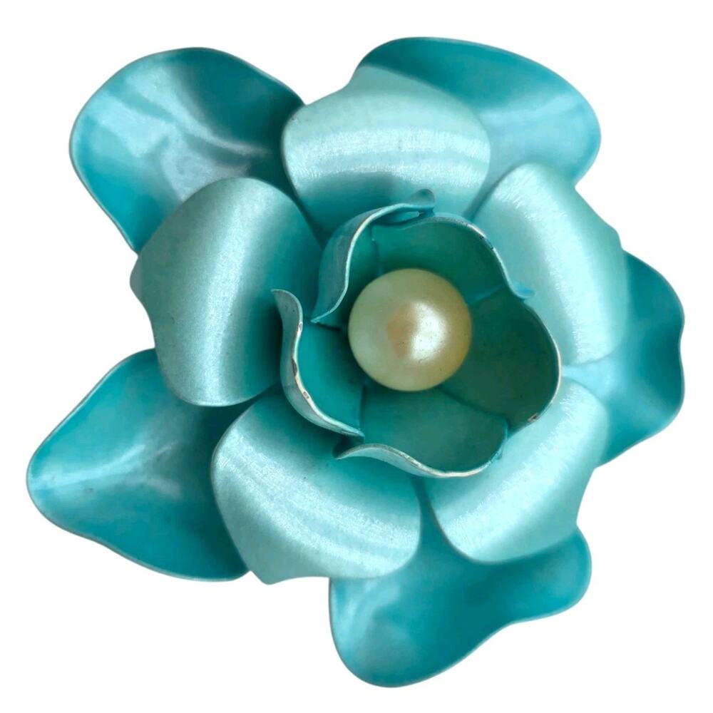 Vintage Brooch Flower Floral 3D Light Blue White Painted On Metal Statement